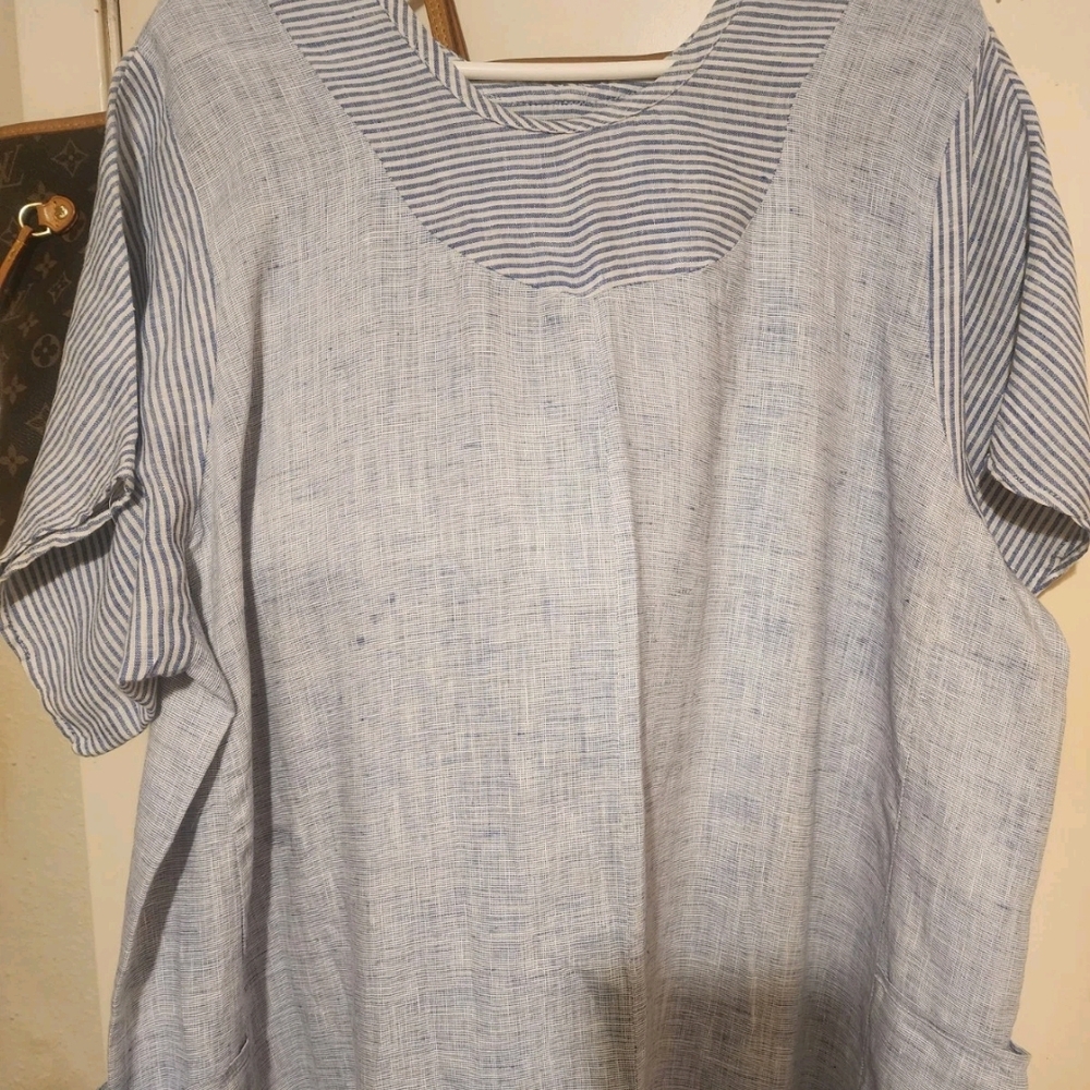 Flax Blue/white, Pullover, Short Sleeves Striped Linen Maxi Dress (L) B:52"